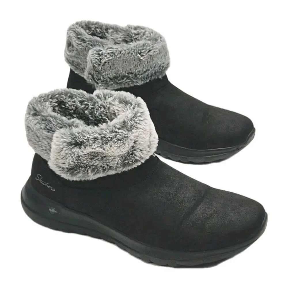 Skechers Boots Women Sz 9 On The Go Joy Black Winter Bootie Faux Fur Line 56101S